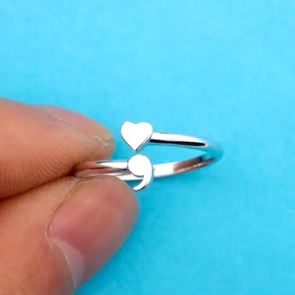 925 Shimmering Sterling Silver Adjustable Semicolon Ring; Your Story Isn't Over - Picture 4 of 13